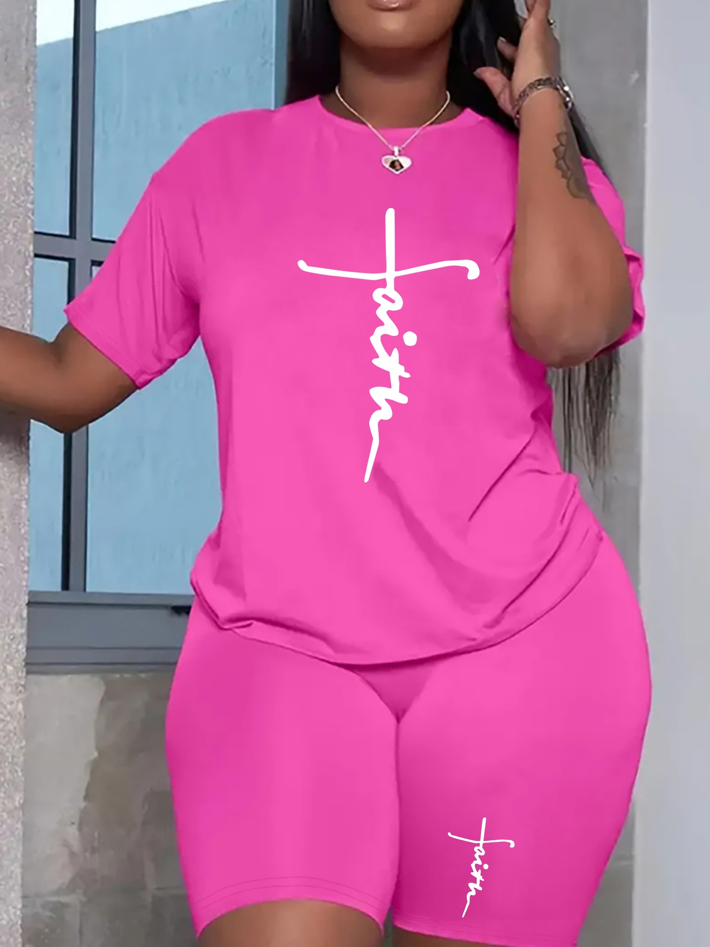 Plus Size Women fashion Casual sports Letter printing top and shorts two  piece set - The Little Connection