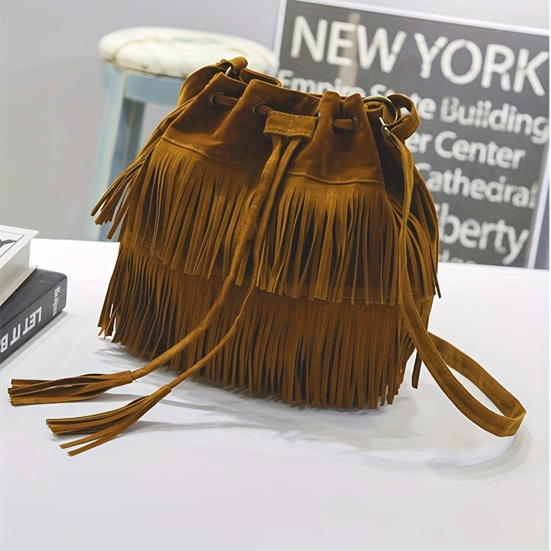 Tassel Decor Soft Crossbody Bag Drawstring Bucket Bag
