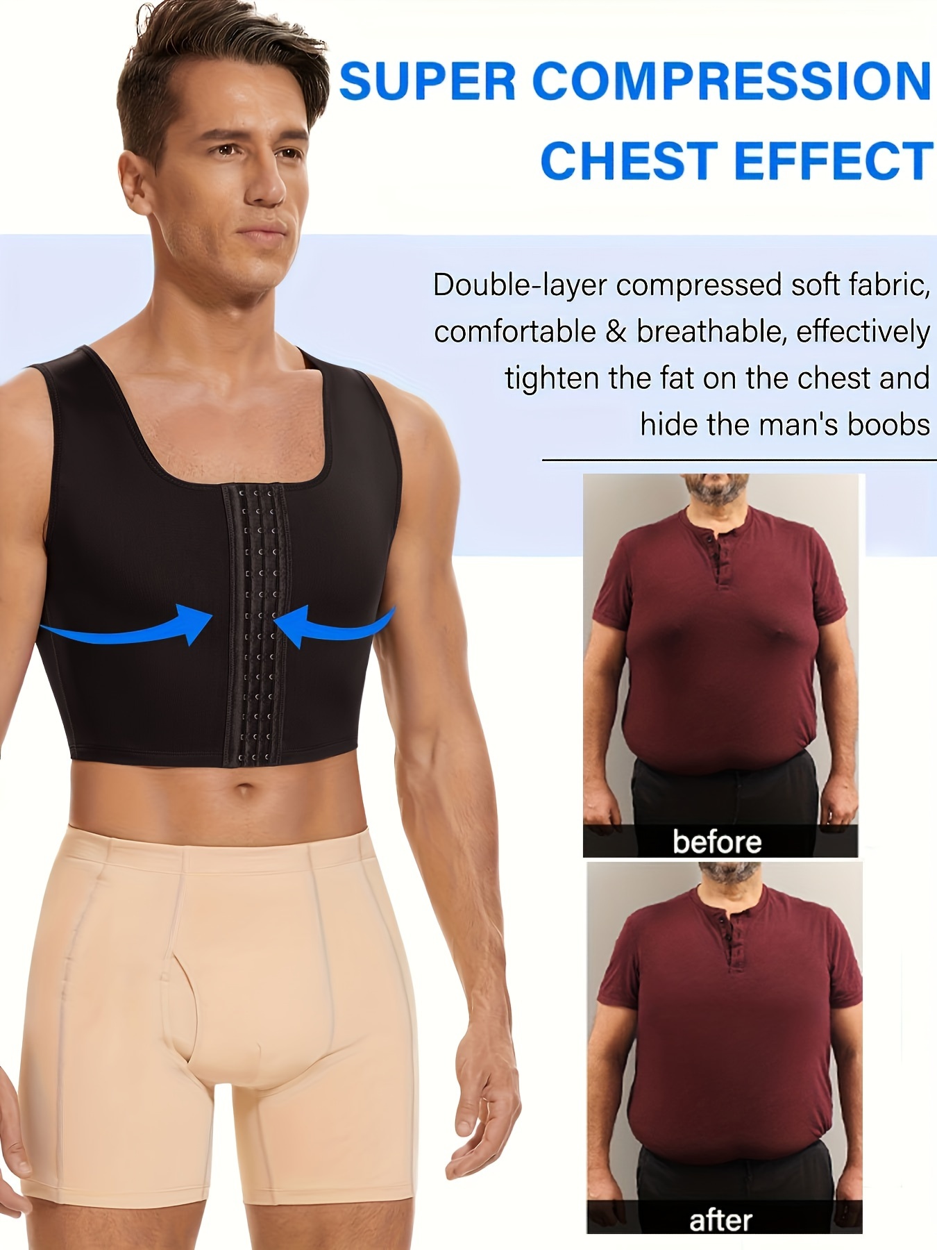 Junlan Men's Compression Shapewear Chest Binder Crop Top Body Shaper  Respirável Stretch Slimming Tight Undershirt Workout Vest Tank Top
