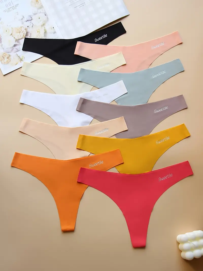 10pcs Seamless Solid Thongs, Soft & Comfy Low Waist Stretchy Panties,  Women's Lingerie & Underwear