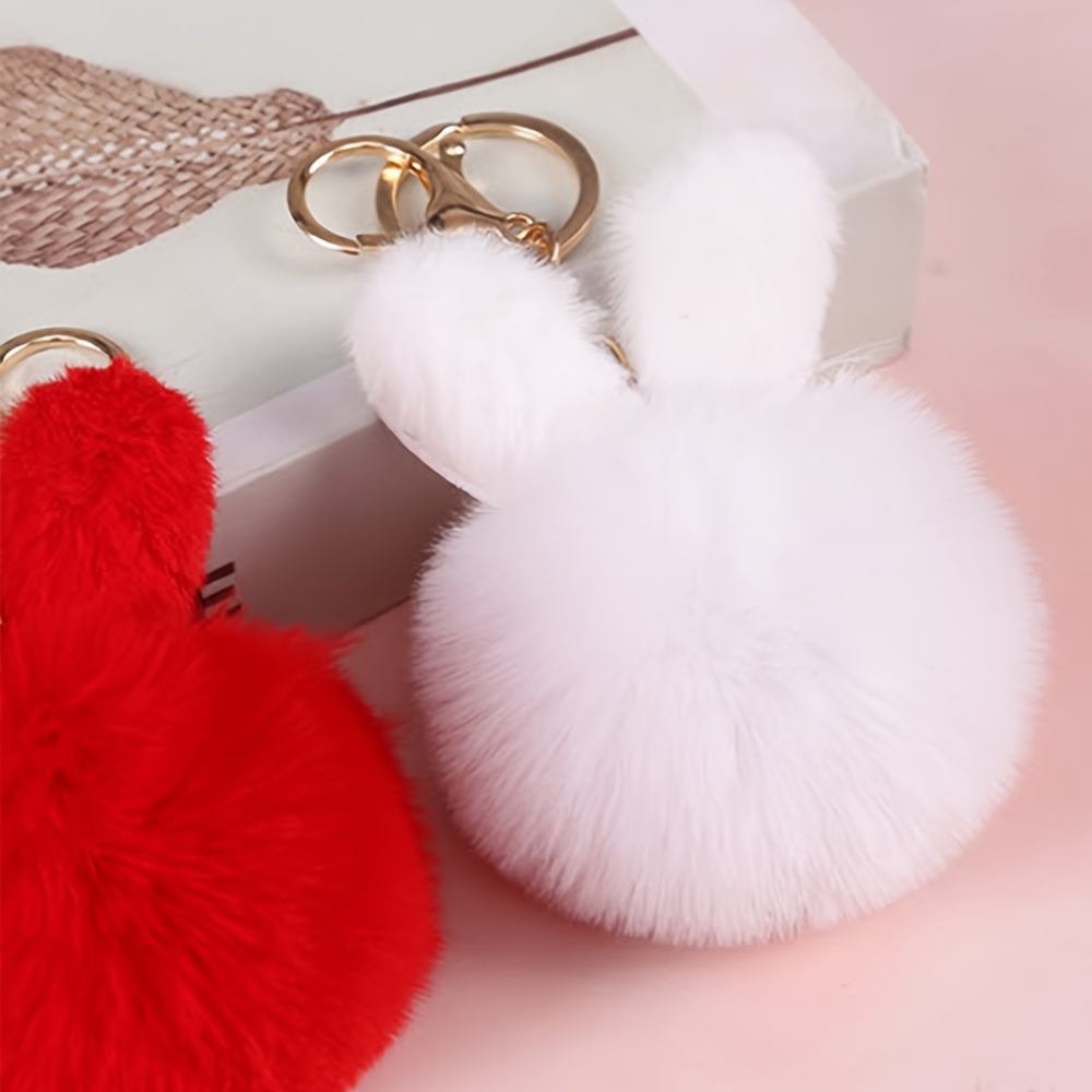 Rabbit Ears Fur Ball Bag Charms With Golden Keyring Pom Pom, Fluffy Fur  Ball Keychain For Car Keyring, Charm Gift - Temu