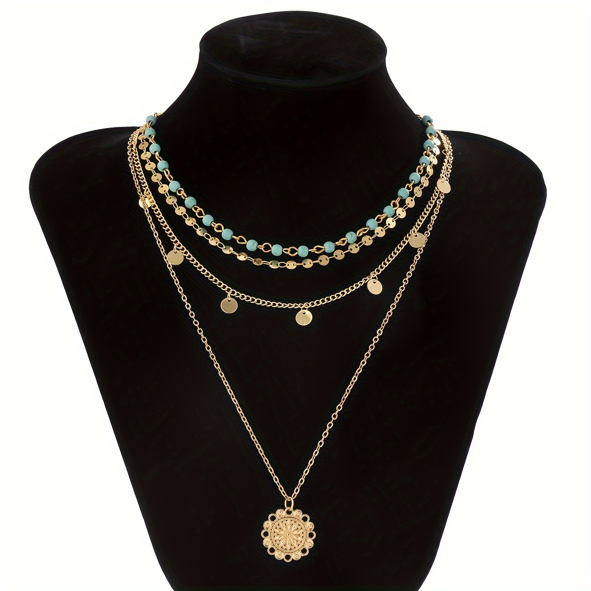 3pcs Bohemian Retro Turquoise Sequin Collarbone Chain Metal Flower Disc Layered Necklace Set