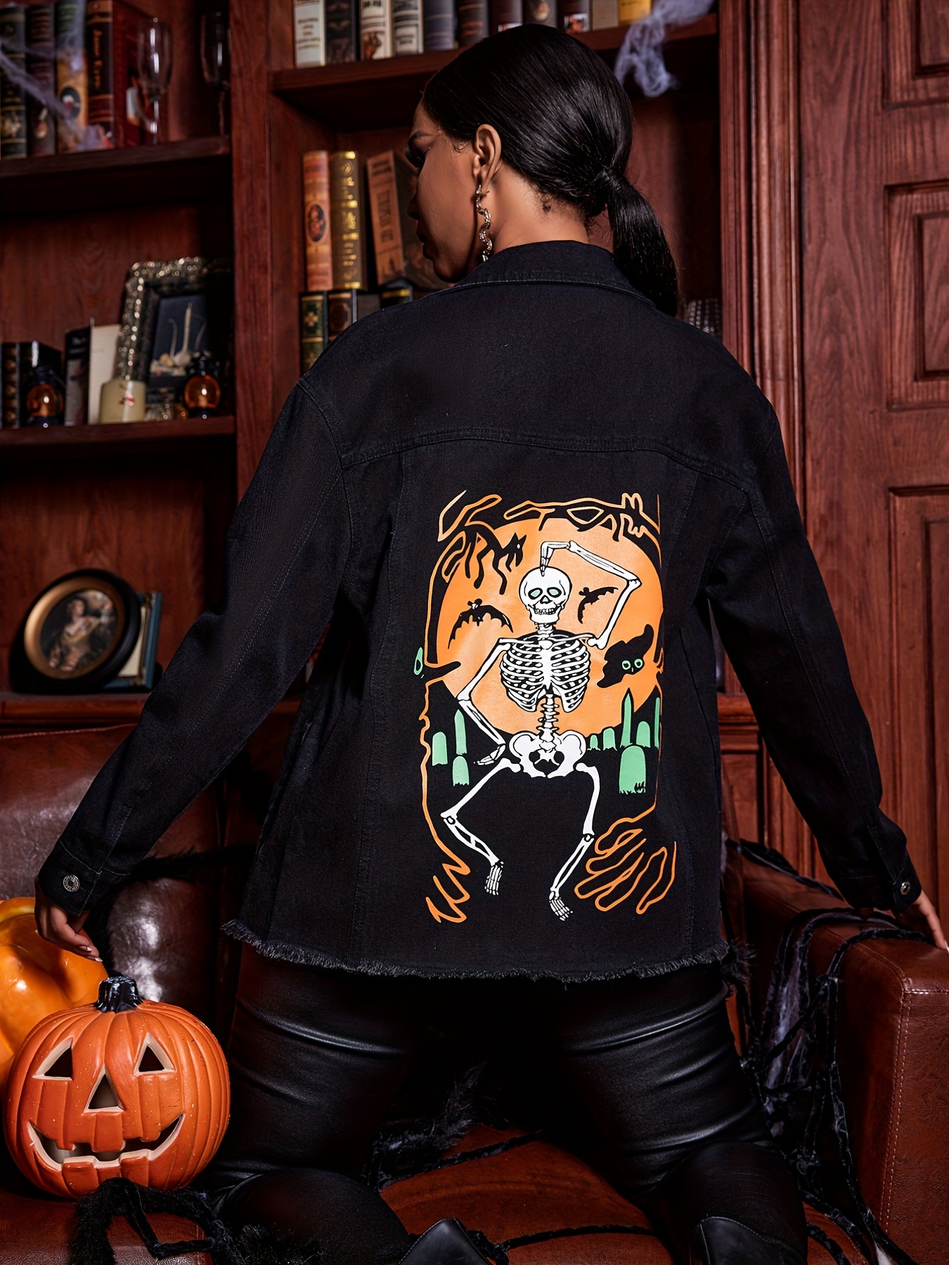 Halloween Pumpkin Print Denim Coat, Long Sleeves Lapel Denim Jacket,  Women's Denim Clothing