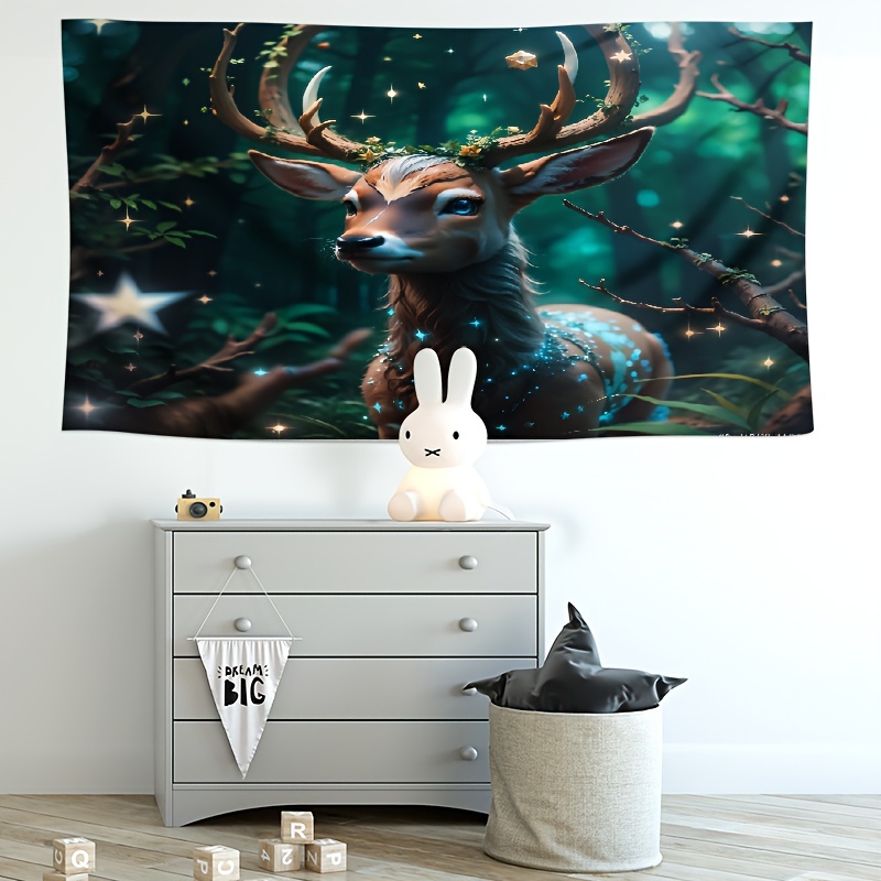 ethereal   deer tapestry with star   antlers realistic   polyester wall hanging for nursery playroom decor details 8