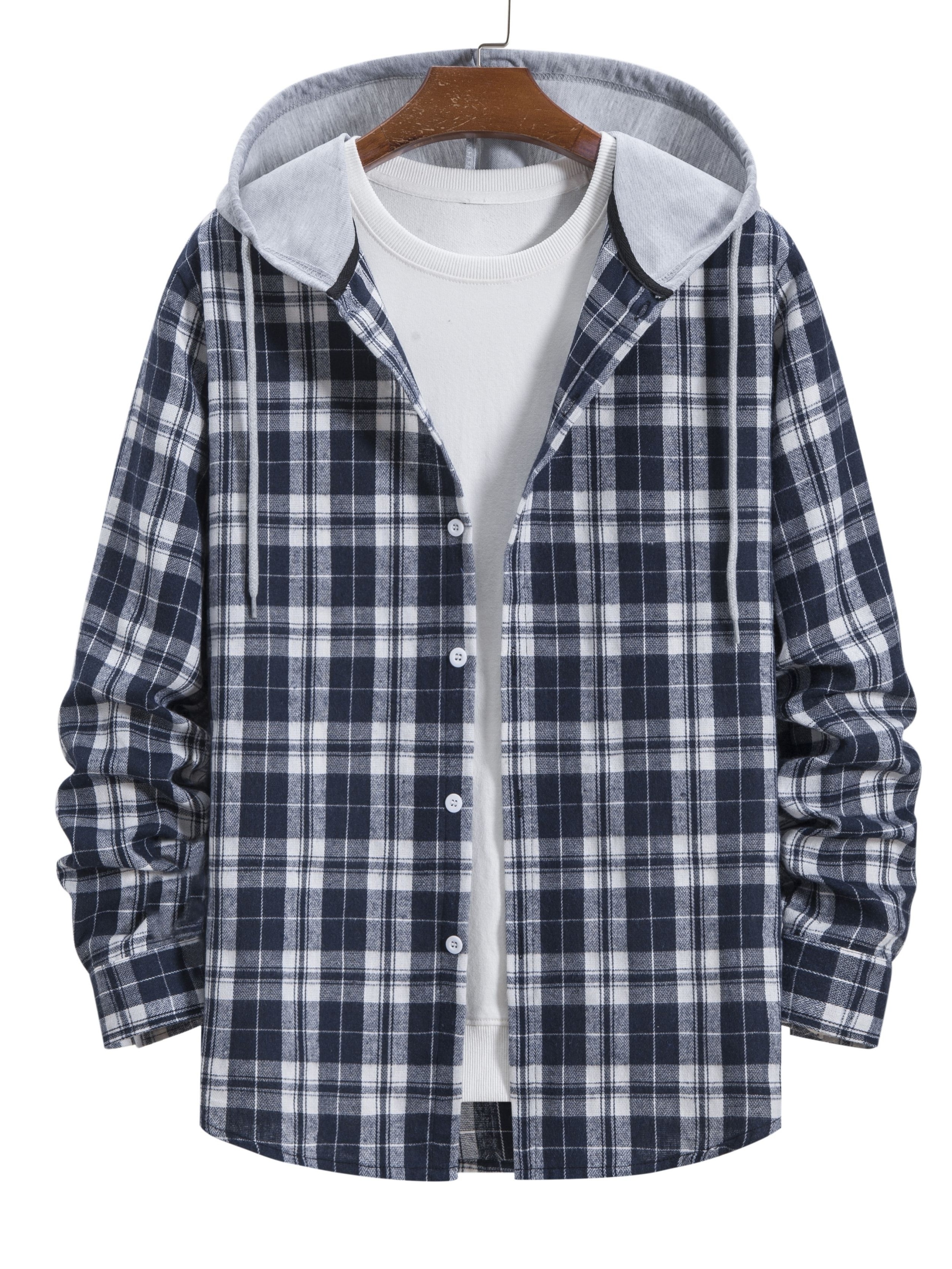 Men's Casual Plaid Hooded Long Sleeve Shirt - Temu