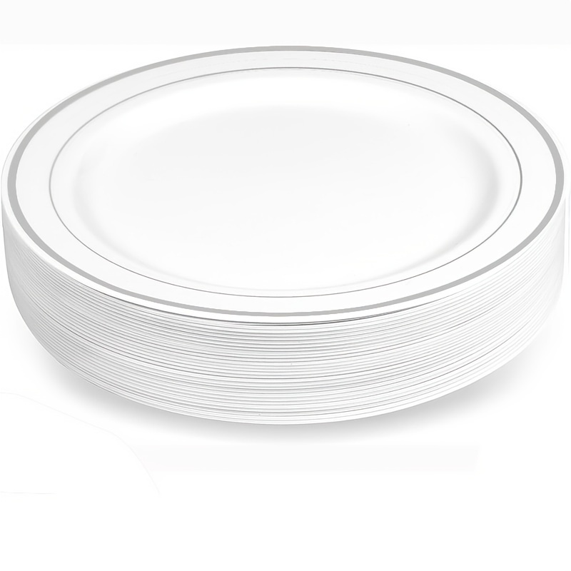 Munfix 100 platos de plástico para fiestas, con borde dorado blanco, 50  platos llanos de alta calidad de 10.25 pulgadas y 50 platos desechables de  7.5