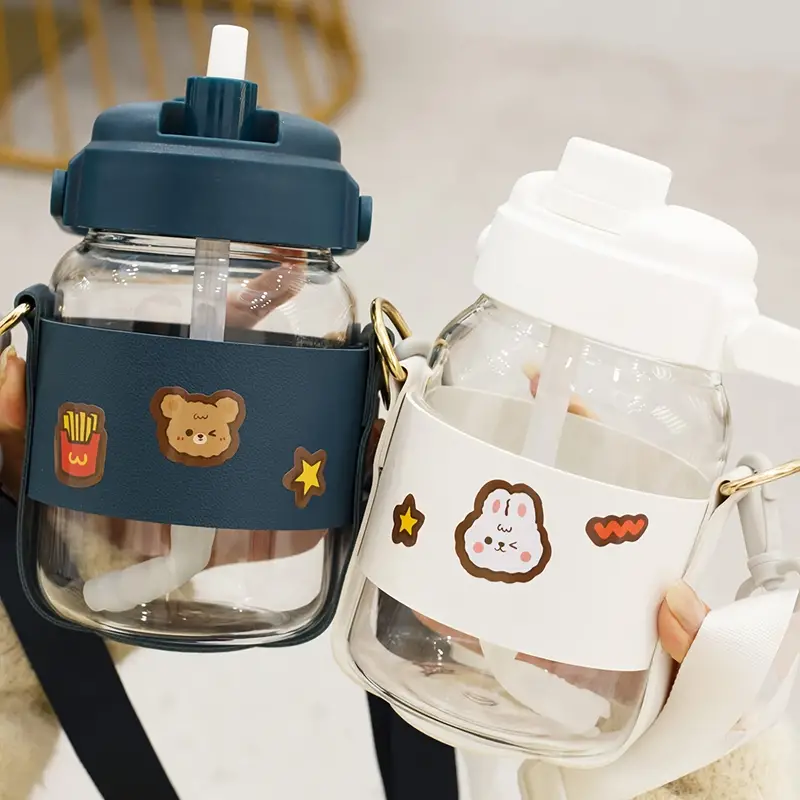 Glass Water Bottles, Clear Cute Water Bottles With Straw Strap