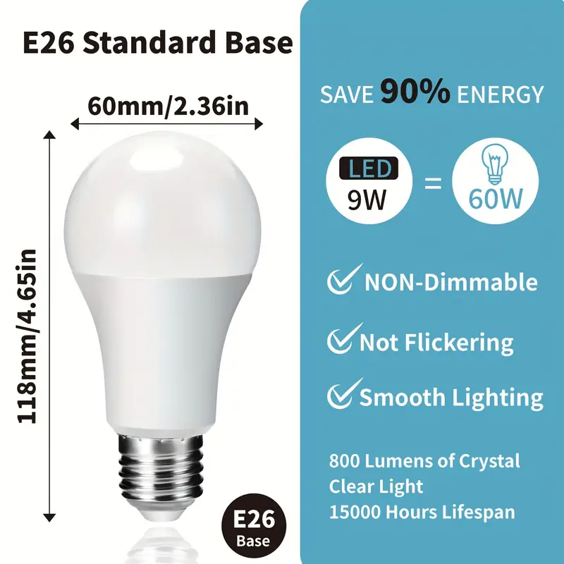 4pcs A19 LED Light Bulbs 60W Equivalent 800 Lumens CRI 90 Daylight 5000K Warmwhite 3000K E26 Standard Base Non dimmable AC 120V Light Bulbs For Home Office