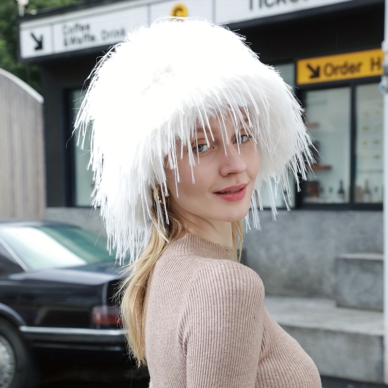 Vintage Faux Fur Bucket Hats Trendy Fluffy Tassel Large