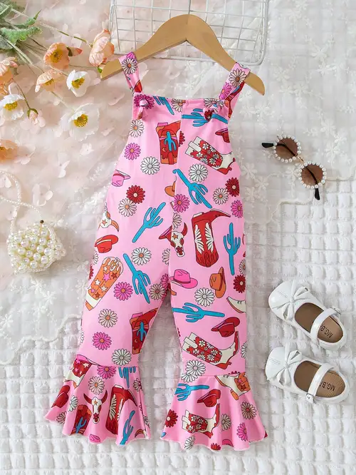 Western Baby Girl Clothes Cute Letter Print Romper Jumpsuit and Cow Print  Bell Bottom Pants Boho Chic Outfits 
