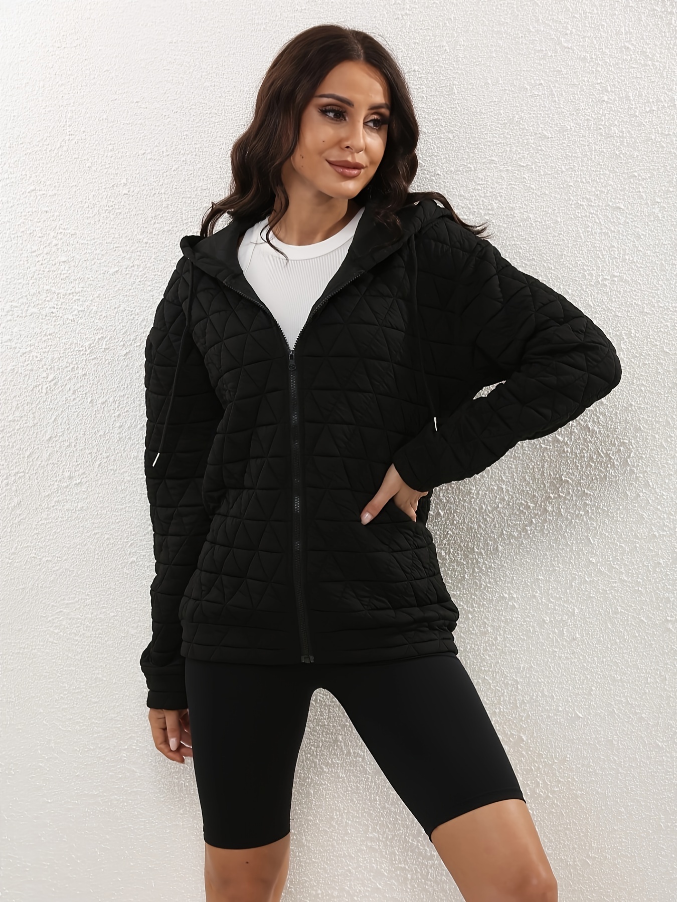 Women's Quilted Sweatshirt, Full-Zip Hooded Long Jacket