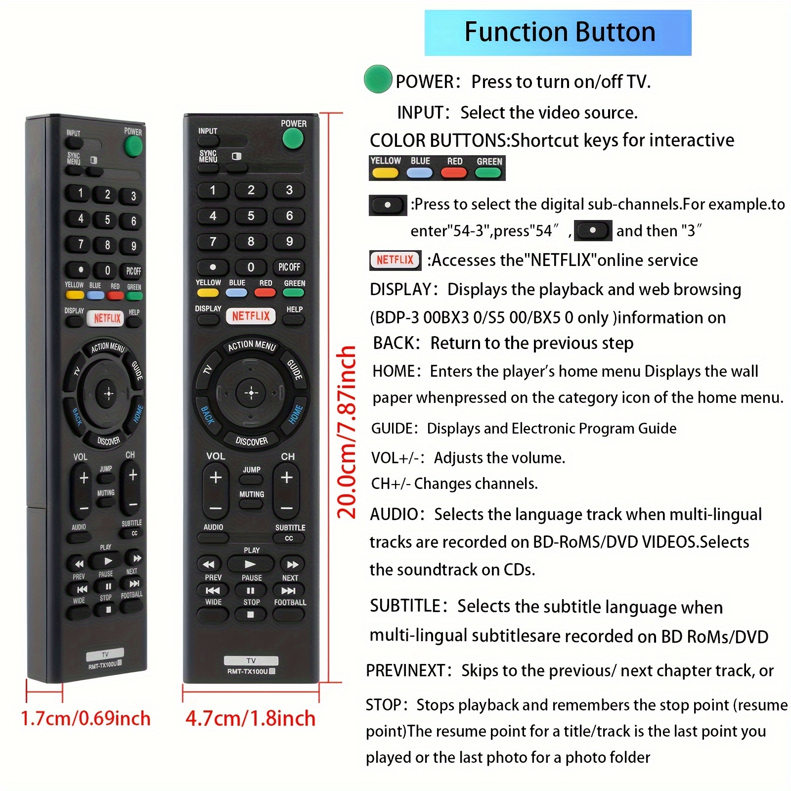 Mando a distancia reemplaza Sony RMT-TX100D compatible con Sony TV, etc.