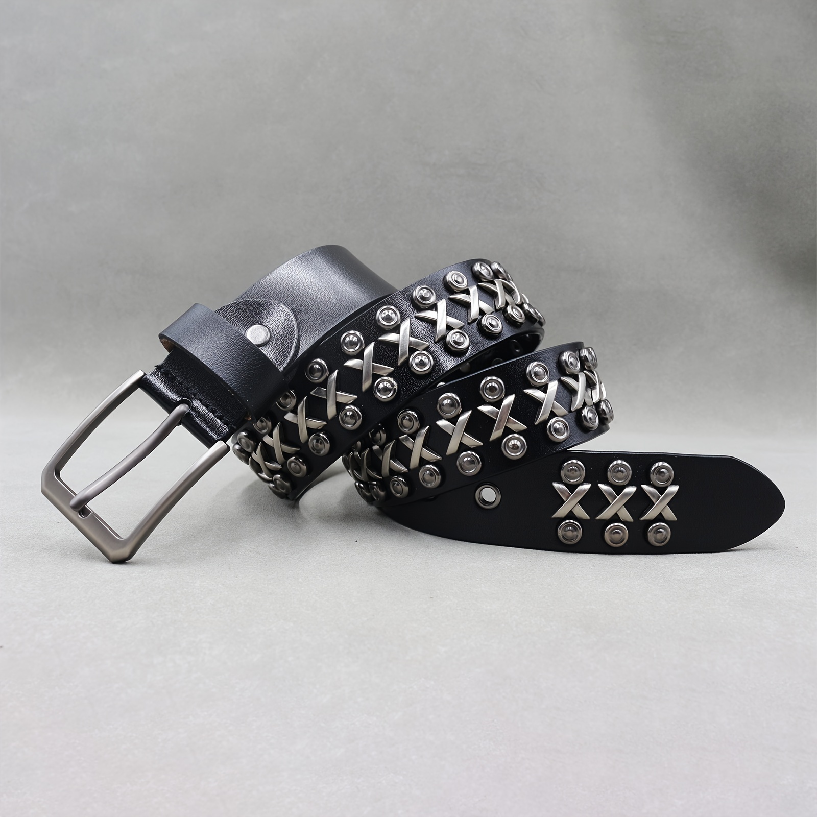 Punk Rock Leather Belt with Rivets Square Buckle