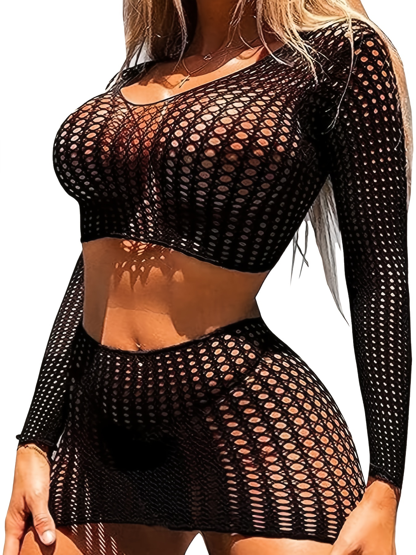 Black Hollow Out Two Pieces Sets Without Bikini, Long Sleeves See Through  Lace Cover Up Sets, Women's Swimwear & Clothing