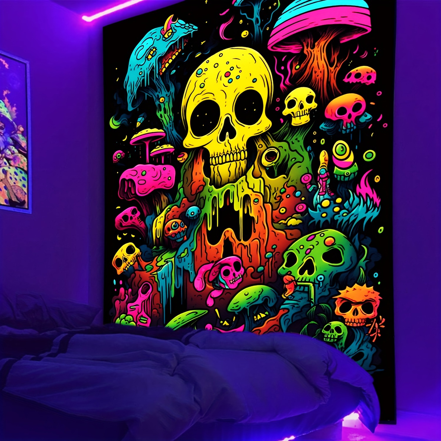 Neon Poster Skull Mushrooms Tapestry Uv Reactive Neon Temu