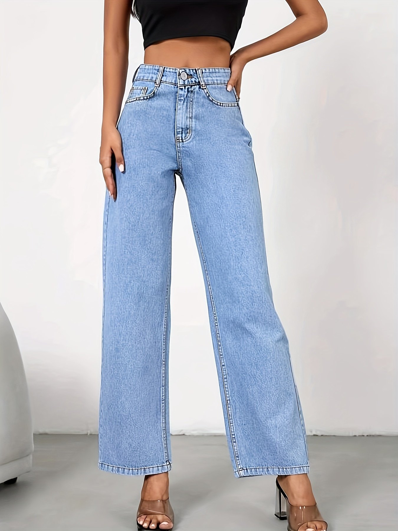 Blue Loose Fit Straight Jeans, Slant Pockets Non-Stretch Washed Denim  Pants, Women's Denim Jeans & Clothing
