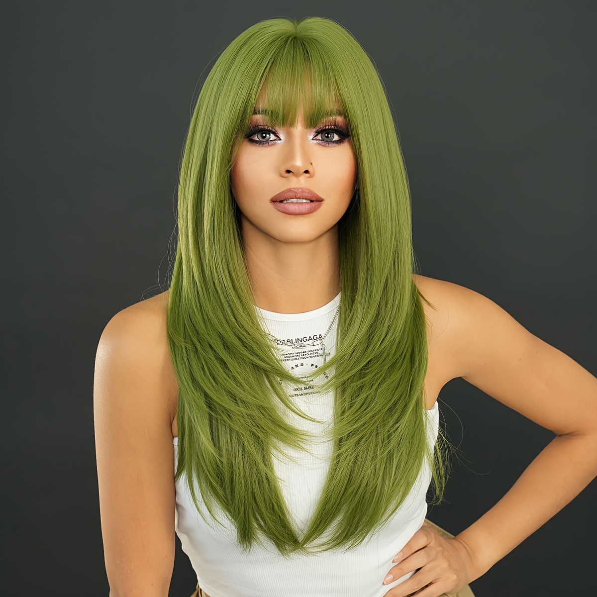 Olive Green Synthetic Lace Wig Long Straight Natural Looking Lace