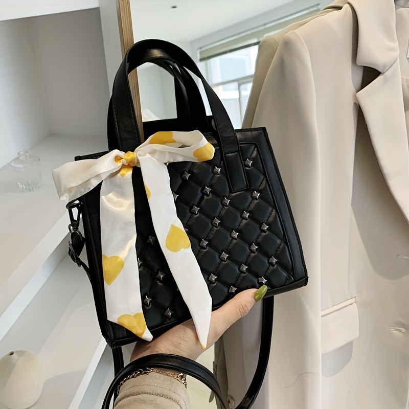 Niche Rivets Decor Quilted Shoulder Bag with Scarf
