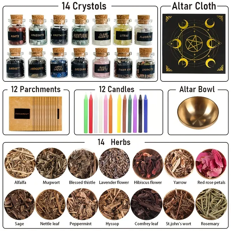 TATOODAA Witchcraft Supplies Kit,52pcs Witch Stuff Spell Kit,Witch Supplies  and Tools Includ Witchcraft Herbs,Spell Candles,Mini Crystal
