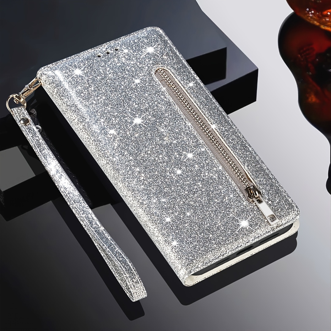 For Apple iPhone 13 Pro Max Bling flip Leather slots Wallet Case  Cover+Strap