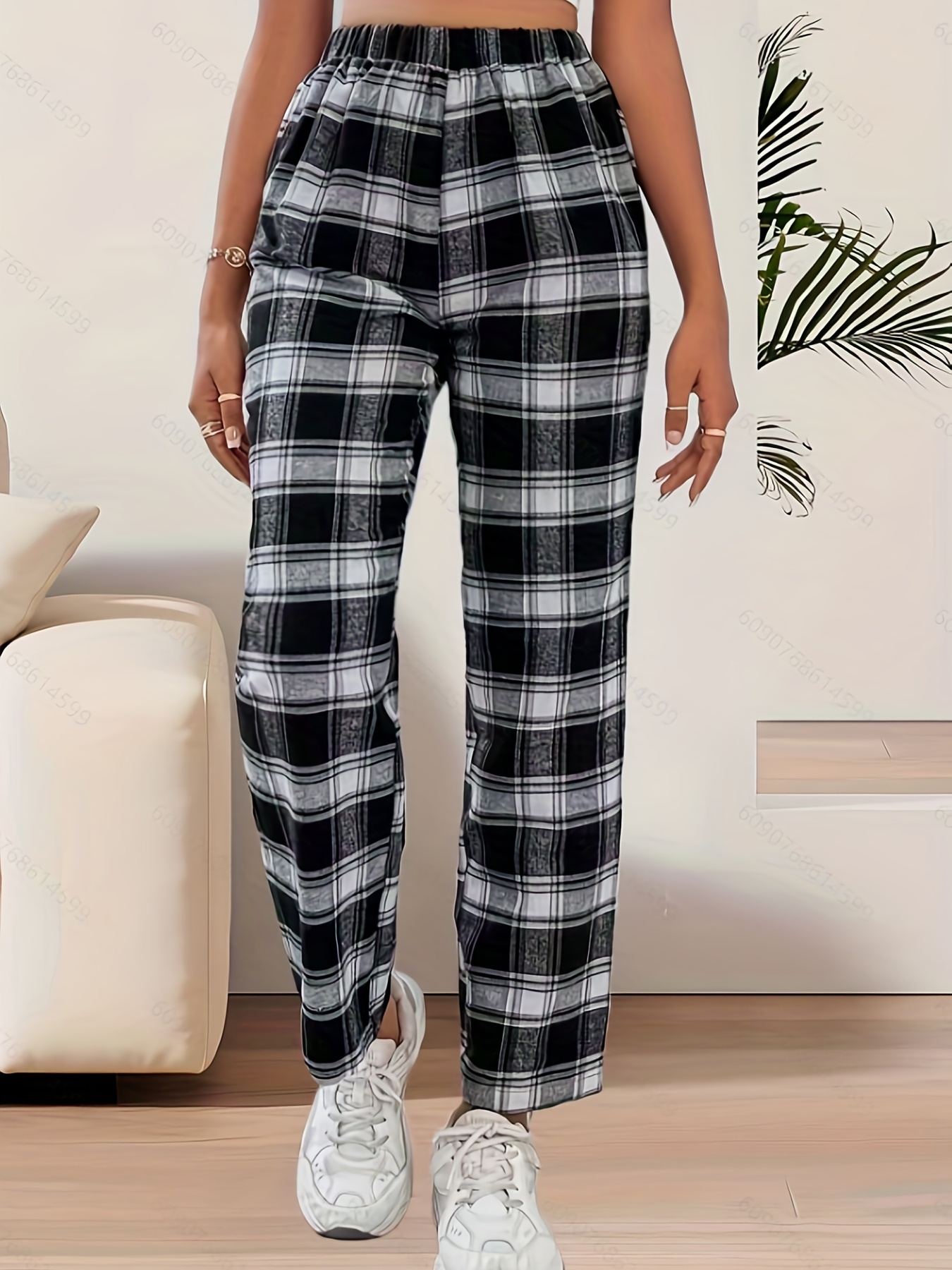 Plaid Print Straight Leg Pants Casual Elastic Waist Pants - Temu