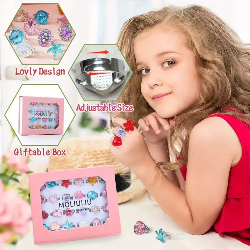 24pcs Little Girl Jewel Rings, Adjustable size, No Duplication, Kids Play Ring in Box, Pretend Play and Dress Up Rings for 4-12 Year Old Girl