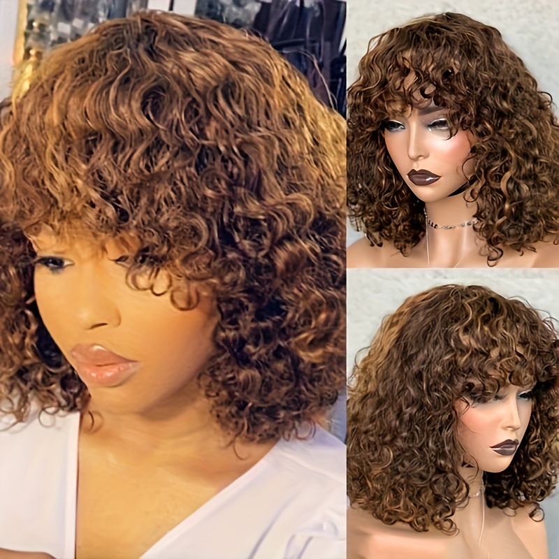 

250d Highlight Color Short Curly Bob Human Hair Wigs With Bangs Wear To Go Glueless Wig Remy Brazilian Short Curly Human Hair Wig For Women