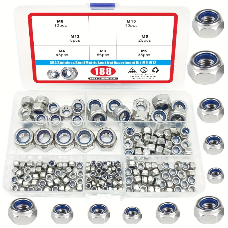 

188pcs 304 Stainless Steel Lock Nut Assortment Kit - Perfect For Lock Washers, Metric Nylon Insert Locknut M3 M4 M5 M6 M8 M10 M12