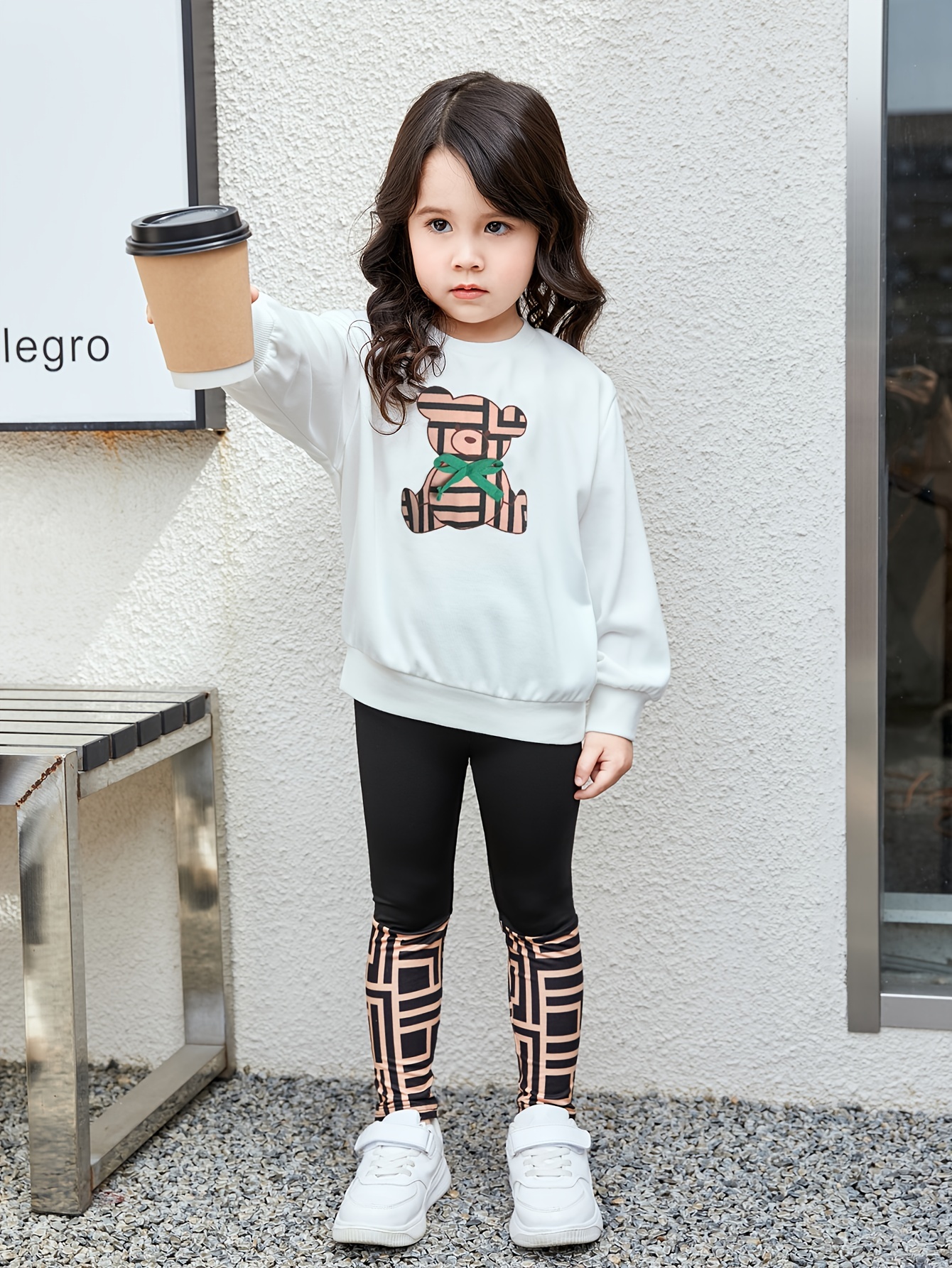 2pcs girls bear graphic outfit sweatshirt geometric pattern allover print leggings set kids clothes for spring fall details 3