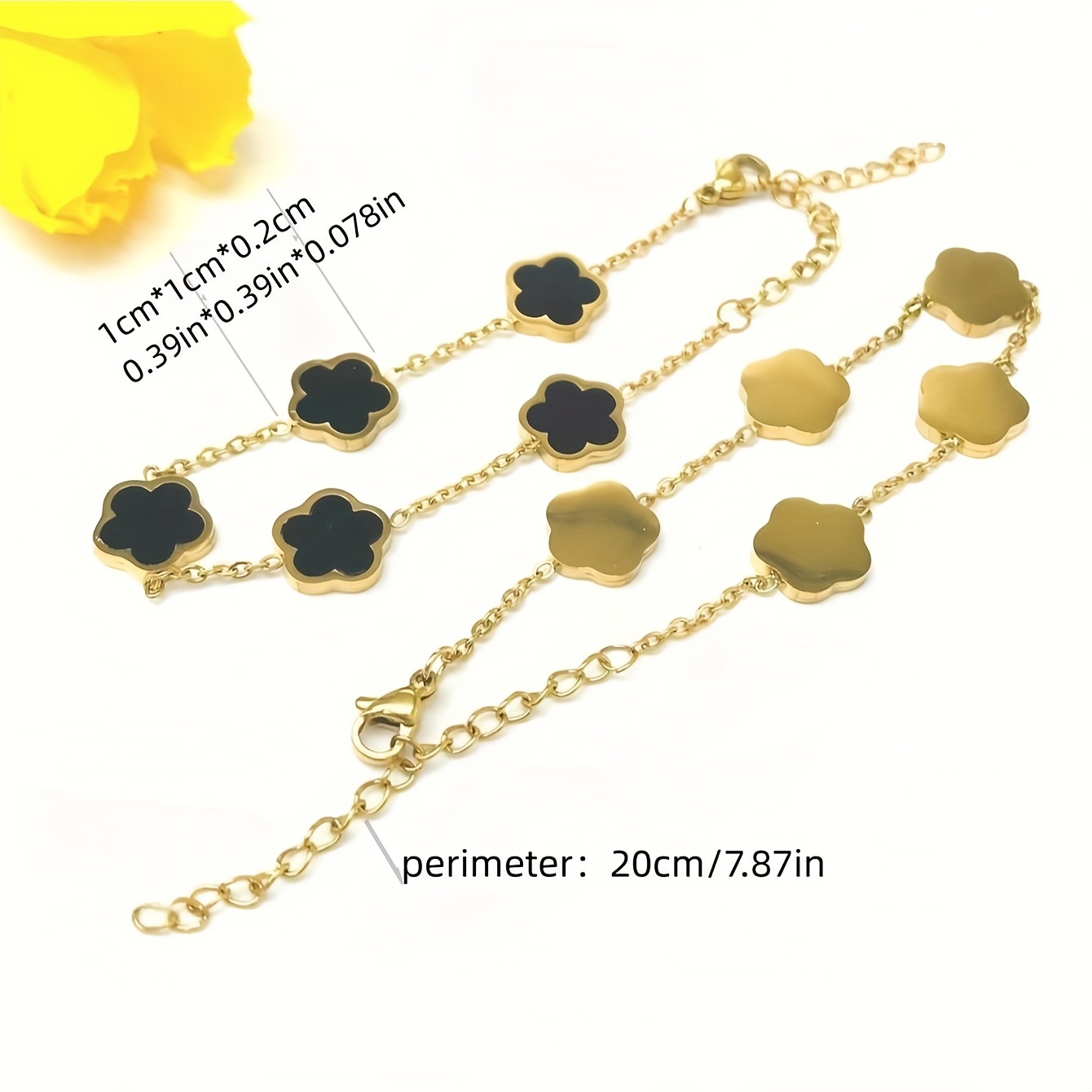 18K Gold Plated Colored Both Sides Four Leaf Clover Bracelet Black