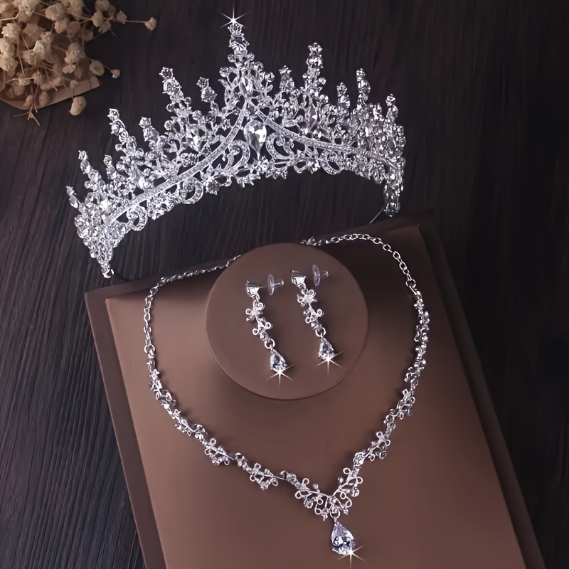 3pcs Set di gioielli da sposa di lusso in cristallo argentato, tiara di  strass, collana orecchini, accessori per capelli - Temu Italy