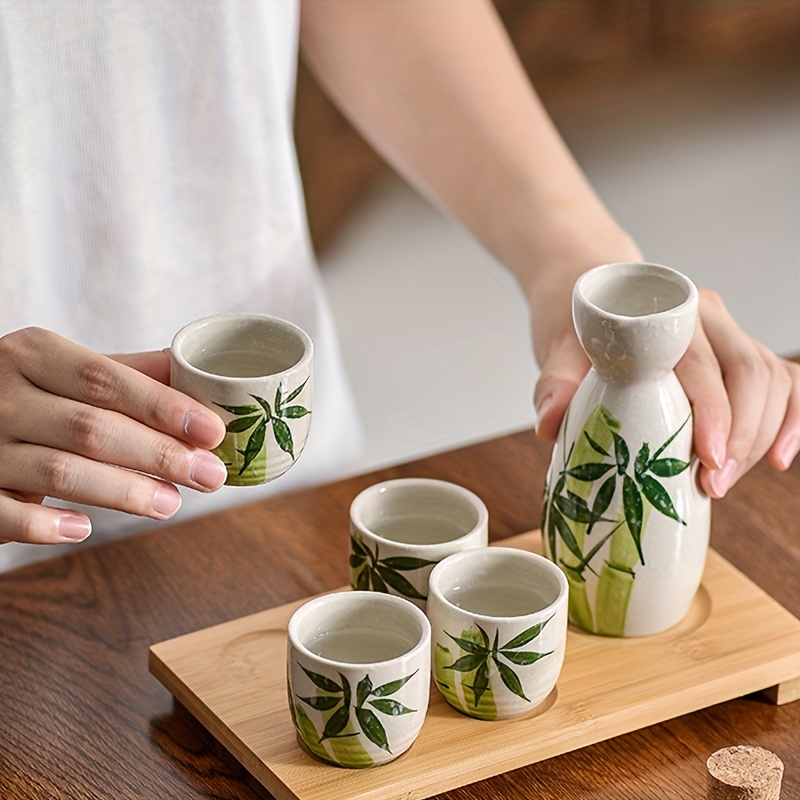 Set, Japanese Sake Set, Including 1pc Tokkuri Bottle And 4pcs Ochoko Cups,  Bamboo Or Flower Pattern Ceramic Sake Set, Summer Drinkware, Kitchen Stuff