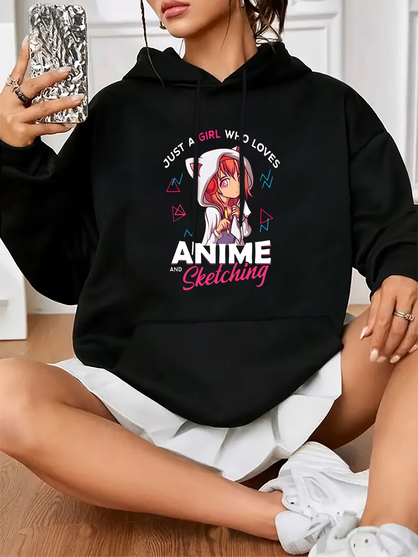 Sudadera Capucha Estampado Chica Anime Bolsillo Canguro - Temu Chile