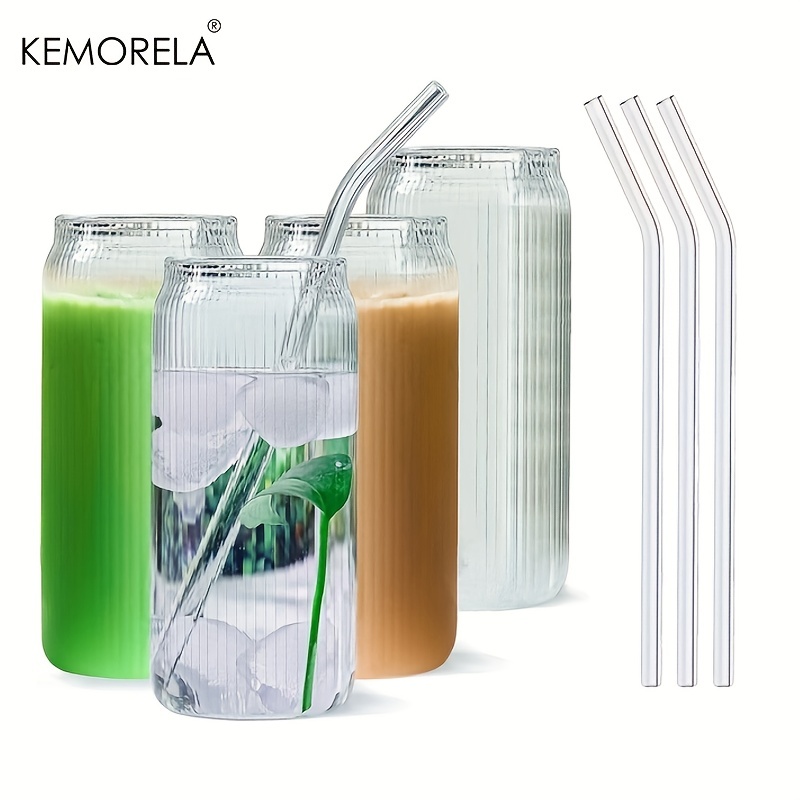 Ribbed Drinking Glasses With Glass Straws 4pcs Set, For Coocktail