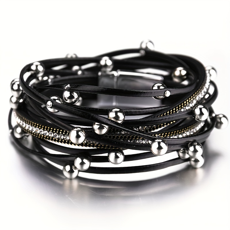 

1pc Multilayer Metal Beads Charm Leather Bracelet For Men Women, Trendy Design Double Wrap Long Bracelet With Rhinestones, Jewelry For Party, Gift For Family Girlfriend Boyfriend