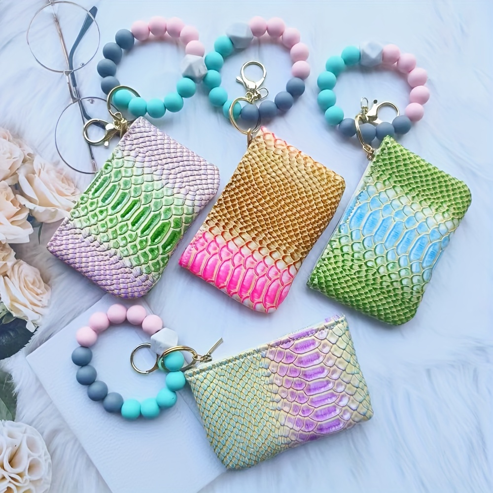 

Color Block Silicone Beaded Bracelet Wristlet Keychain With Snakeskin Pattern Wallet Coin Purse Pu Leather Bag Charm Phone Lanyard Women Girls Gift
