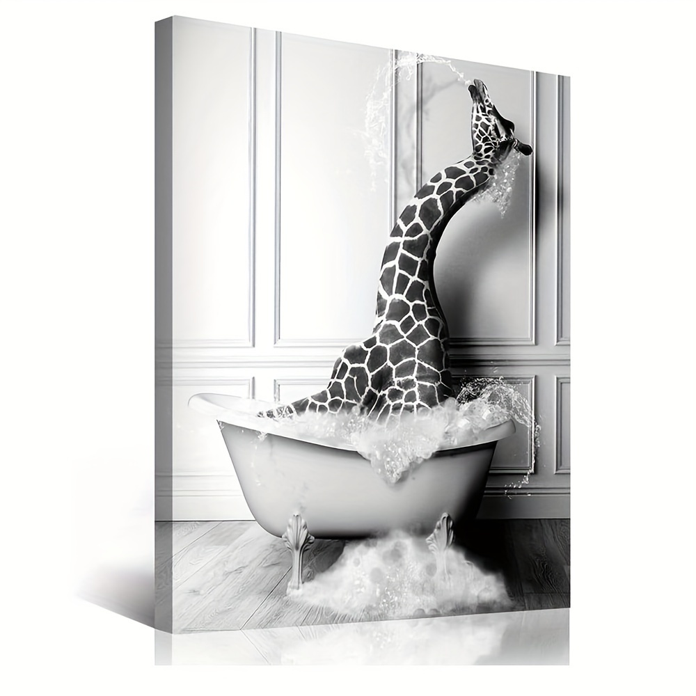 XIAOMA Cuadro de lienzo en blanco y negro con animales para cuarto de baño,  con fotos de jirafa, elefante, toma un baño, divertido póster para salón