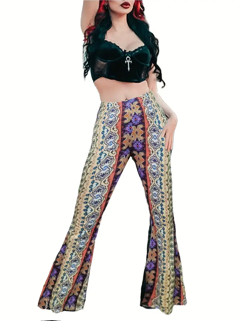 Forbidden Pants, Boho Casual Random Print Flare Pants, Women's Clothing -  Temu