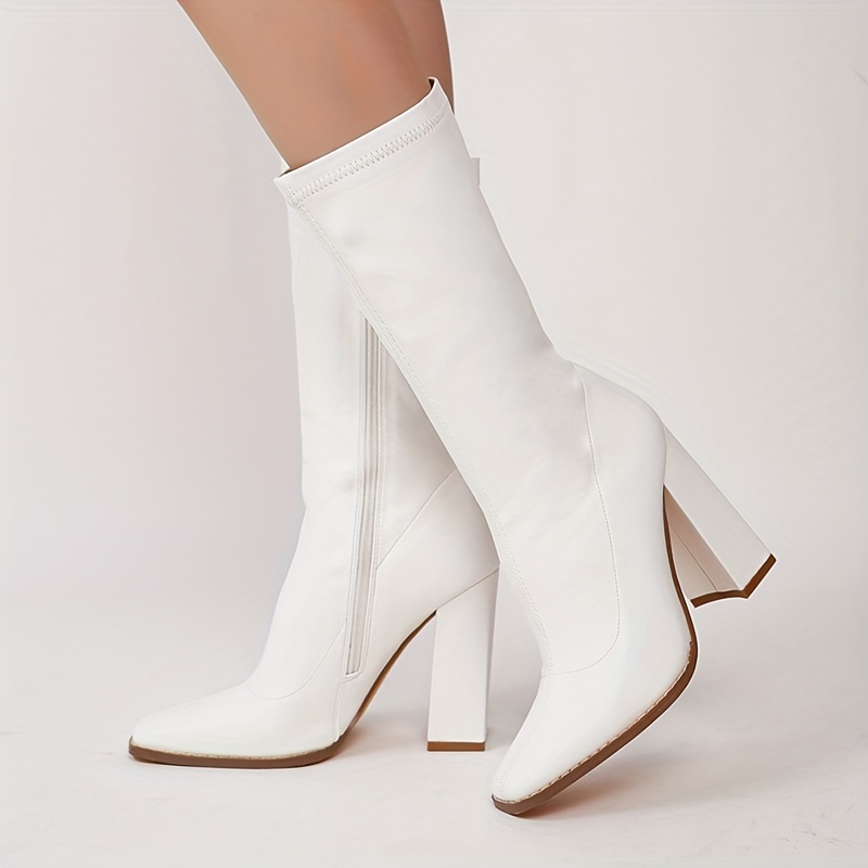 Women's Solid Color Block Heeled Boots Elegant Square Toe - Temu