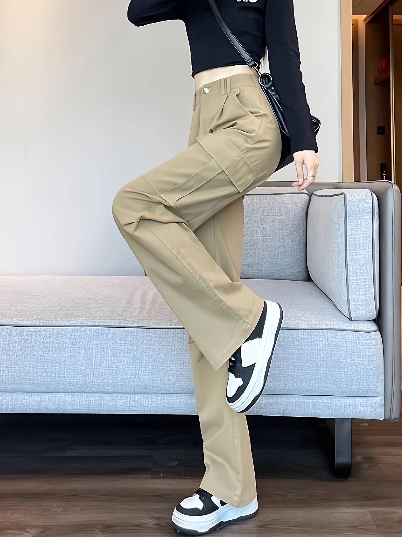 Buy High Waist Baggy Cargo Jeans for Women Flap Pocket Relaxed Fit Straight  Wide Leg Y2K Fashion Jeans, Khaki, Large at