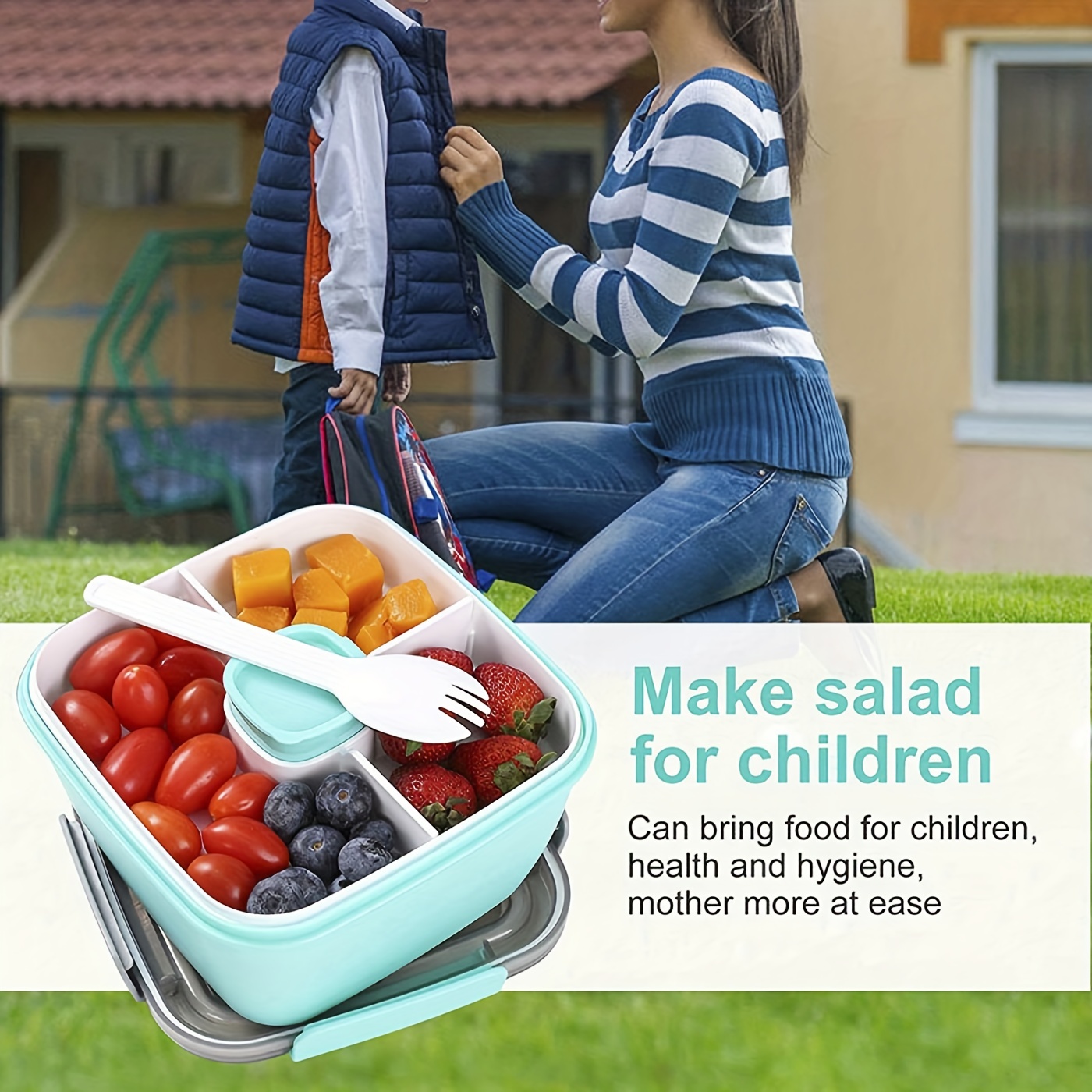 1pc Salad lunch container, bento box 1.1L salad bowl, with 3 compartments,  for salad toppings and back to school snacks