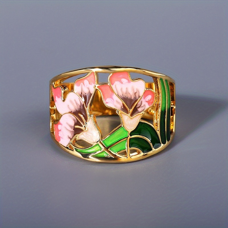 

18k Plated Hollow Enamel Wide Flower Rings For Women Daily Casual Accessories Anniversary Gift