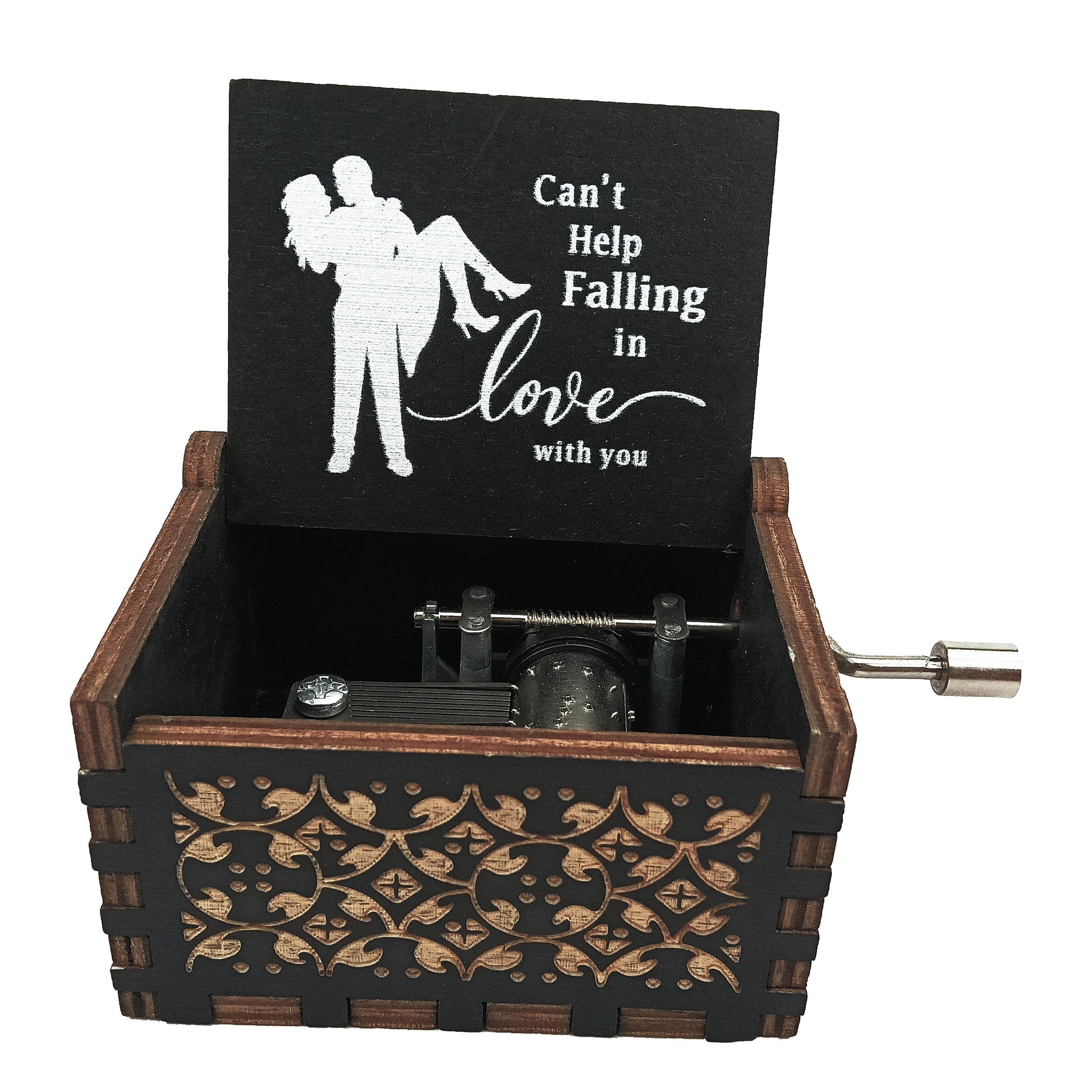 TEMU Vintage-style Hand-crank Music Box - Engraved Artificial Wood Romantic Couple Silhouette & 
