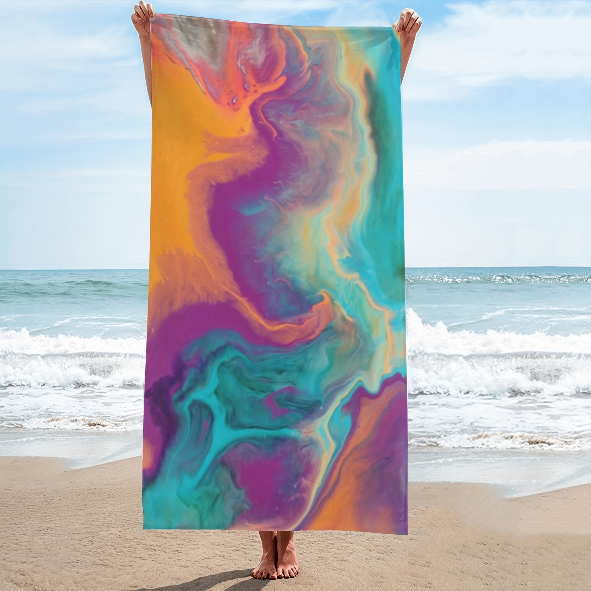 1pc Rainbow Marble Beach Towel - Sand Free & Super Absorbent