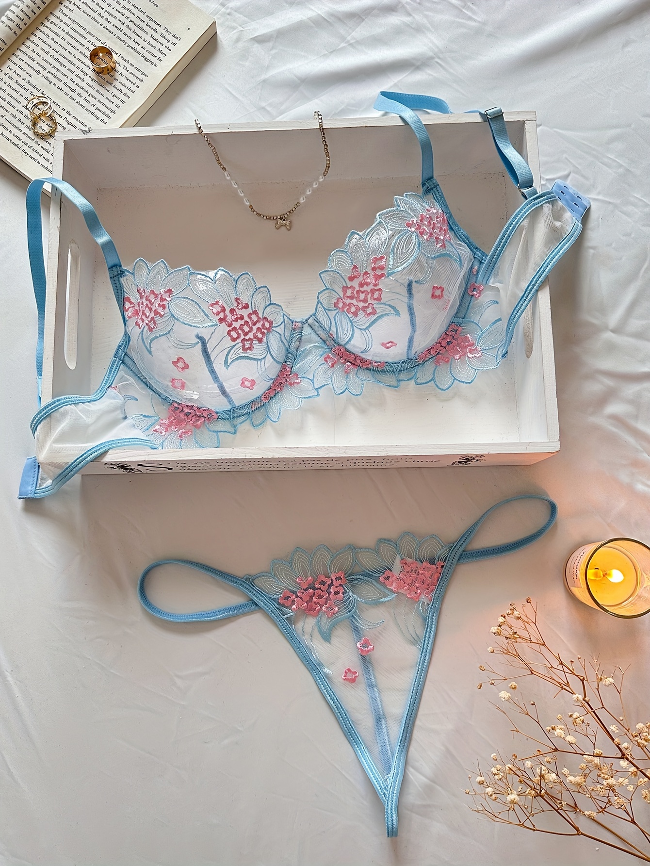 Buy Back Women's Net Floral Hot Bikini Set Fun Bra Set Sheer (1037B) Sea  Green Lingerie G-String Fun Honeymoon Lover Set at