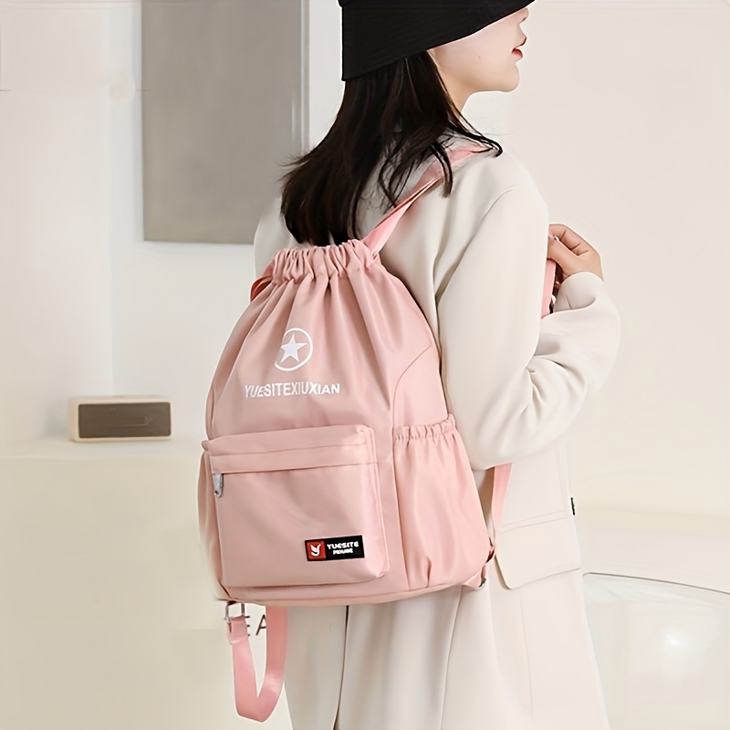 Pink Leather Logo Print Drawstring Backpack