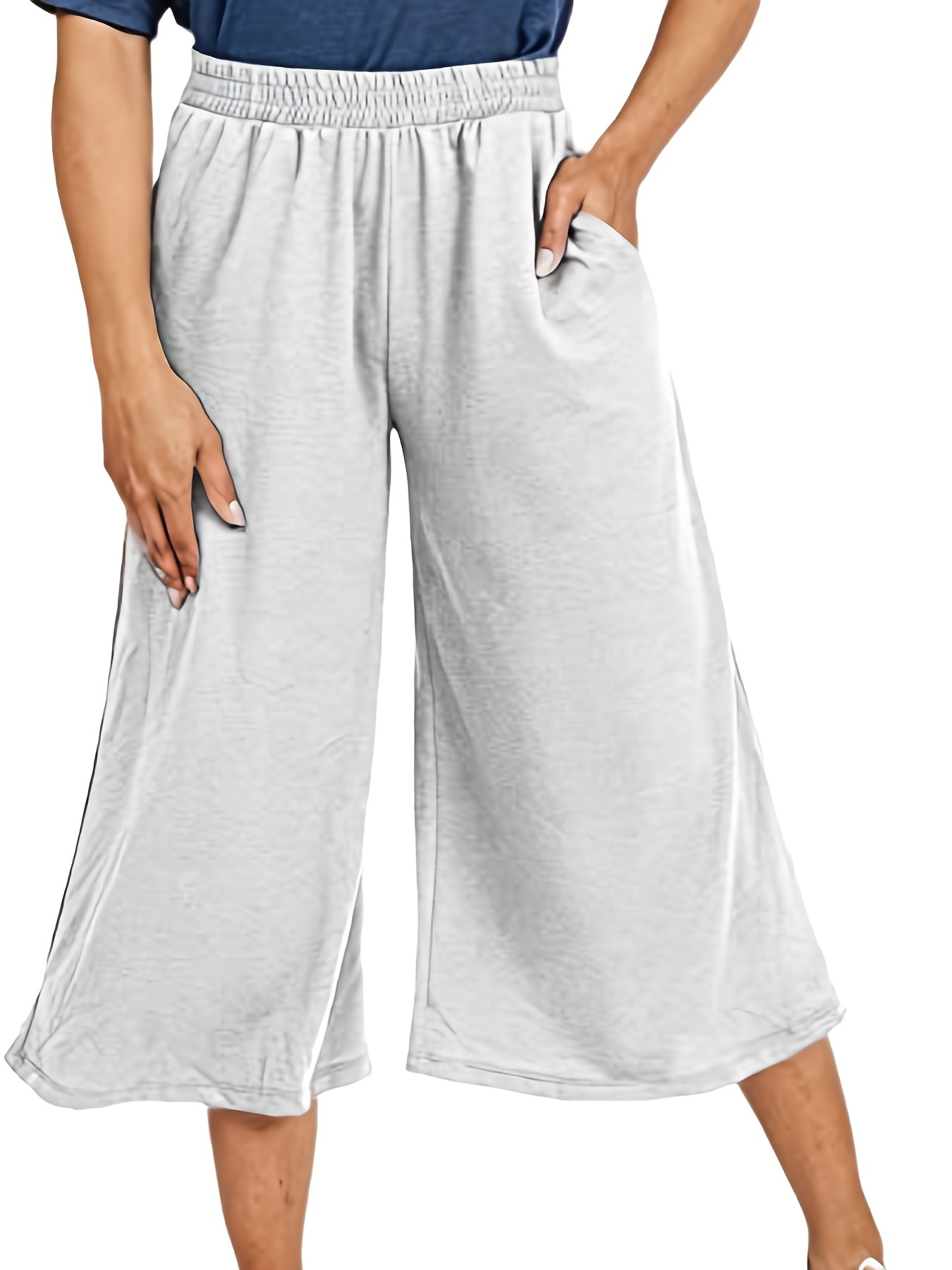  Women Capri Pants Casual Drawstring Elastic High Waist Baggy  Wide Leg Cropped Pants Trousers For Ladies SummerS-3XL Lightgrey