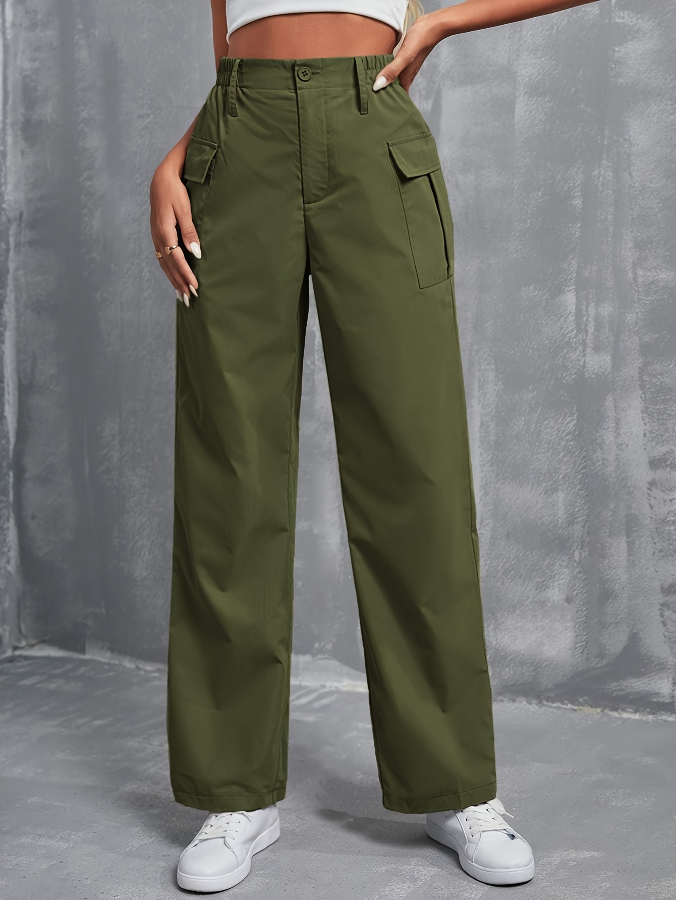 Solid Flap Pocket Loose Cargo Pants Casual Elastic Waist - Temu