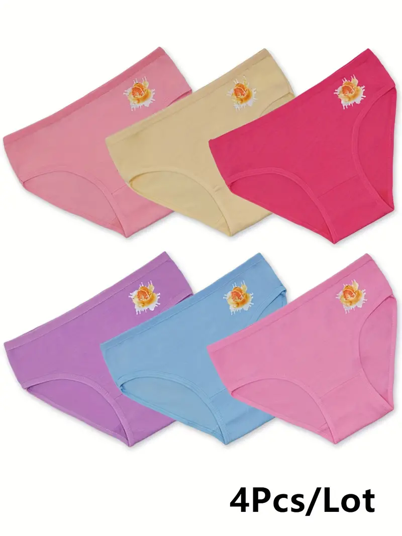 4pcs Girl's Cotton Triangle Panties, Cartoon Orange Print Elastic Waist  Underwear, Comfy Breathable Soft Kids Clothes