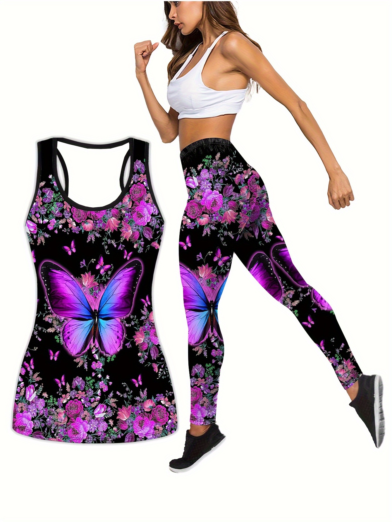 Plus Size Sports Outfits Set, Women's Plus Floral & Butterfly Print Racer  Back Slight Stretch Tank Top & Yoga Pants Fitness Outfits Two Piece Set